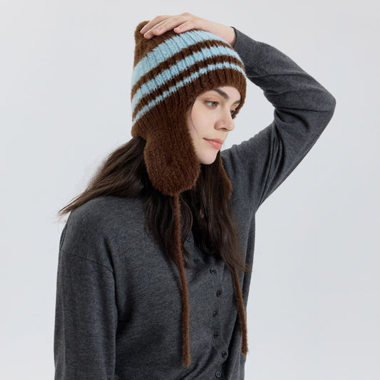 Chic Color-Block Striped Knit Ear Warmer Beanie for Women
