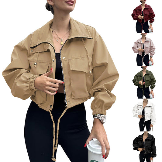 Women’s Solid Color Short Jacket with Zipper