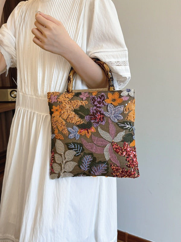New Embroidered Sequin Bamboo Handle Evening Bag