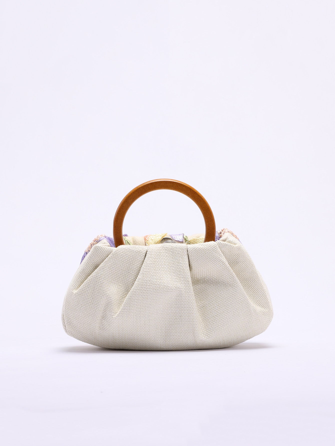 Round Wood Handle Bag Floral Embroidered Beach Style Women's Clutch