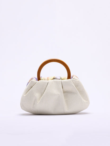 Round Wood Handle Bag Floral Embroidered Beach Style Women's Clutch