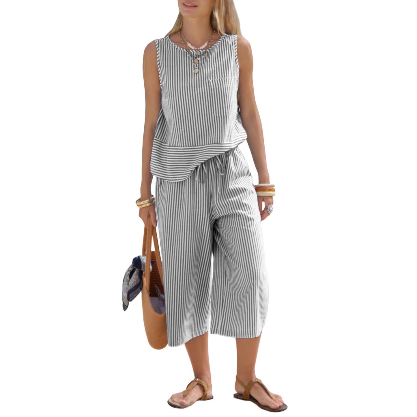 Striped Sleeveless Two-Piece Set for Women