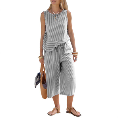 Striped Sleeveless Two-Piece Set for Women
