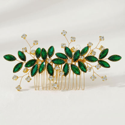 Green Crystal Leaf Hair Comb Elegant Bridal Hair Accessory