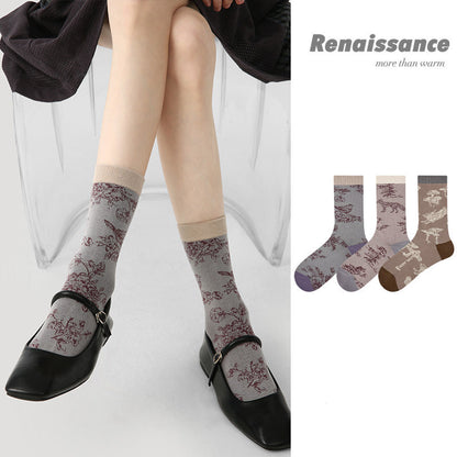 Mid Calf Embossed Floral Combed Cotton Socks