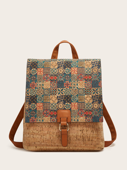 Vintage Style Floral Cork Backpack Large Capacity Tote