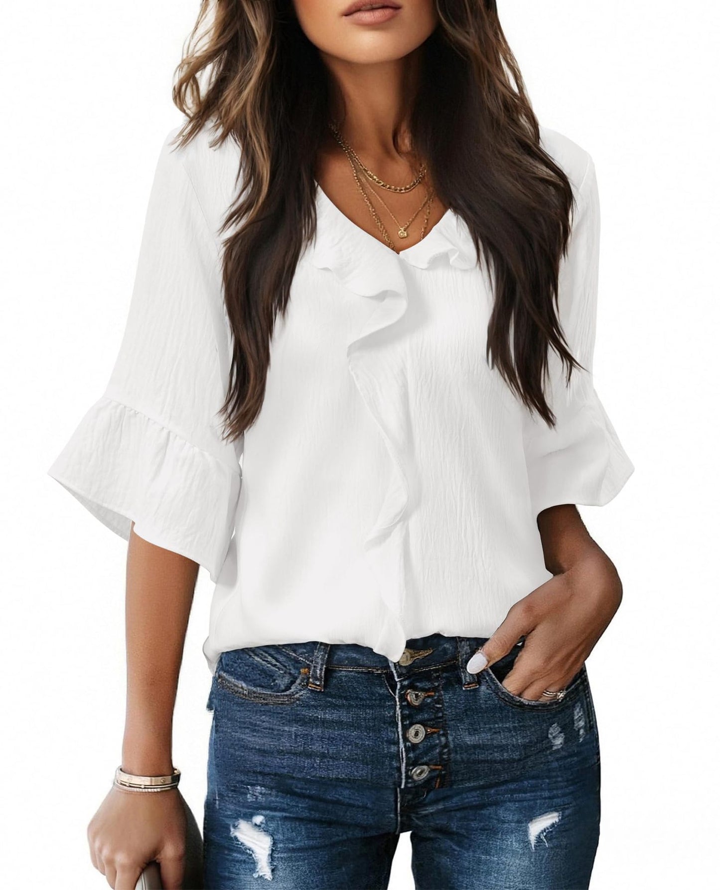 Casual Lantern Sleeve Blouse with Ruffled Hem