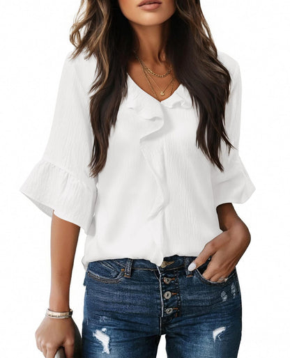 Casual Lantern Sleeve Blouse with Ruffled Hem
