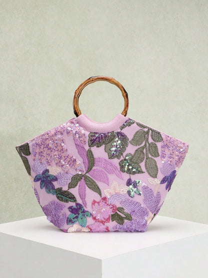 Elegant Seaside Embroidered Floral Tote Bag