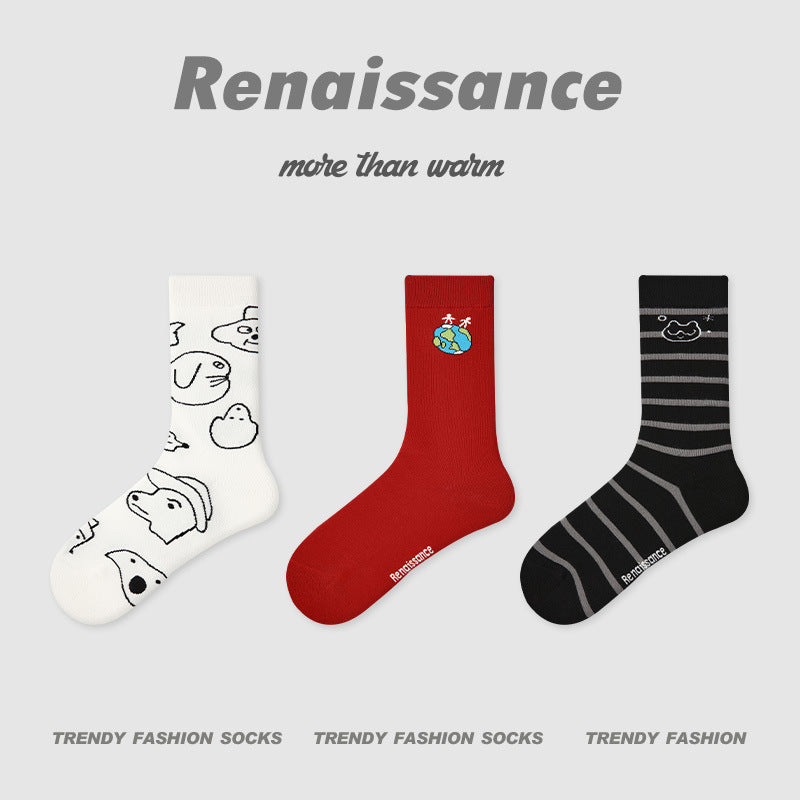 Mid Calf Striped Combed Cotton Socks For Daily Wear