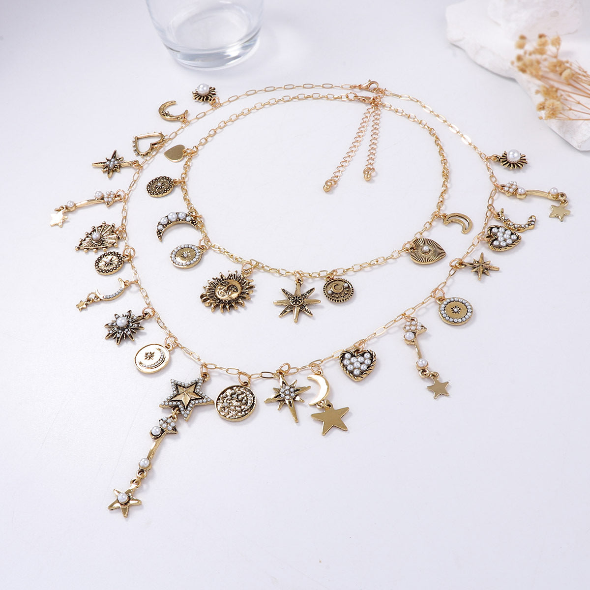 Layered Sun Moon Star Chain Necklace Stackable Chic