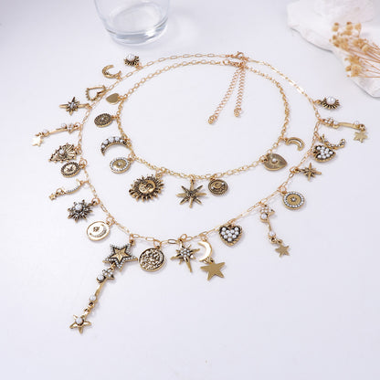 Layered Sun Moon Star Chain Necklace Stackable Chic