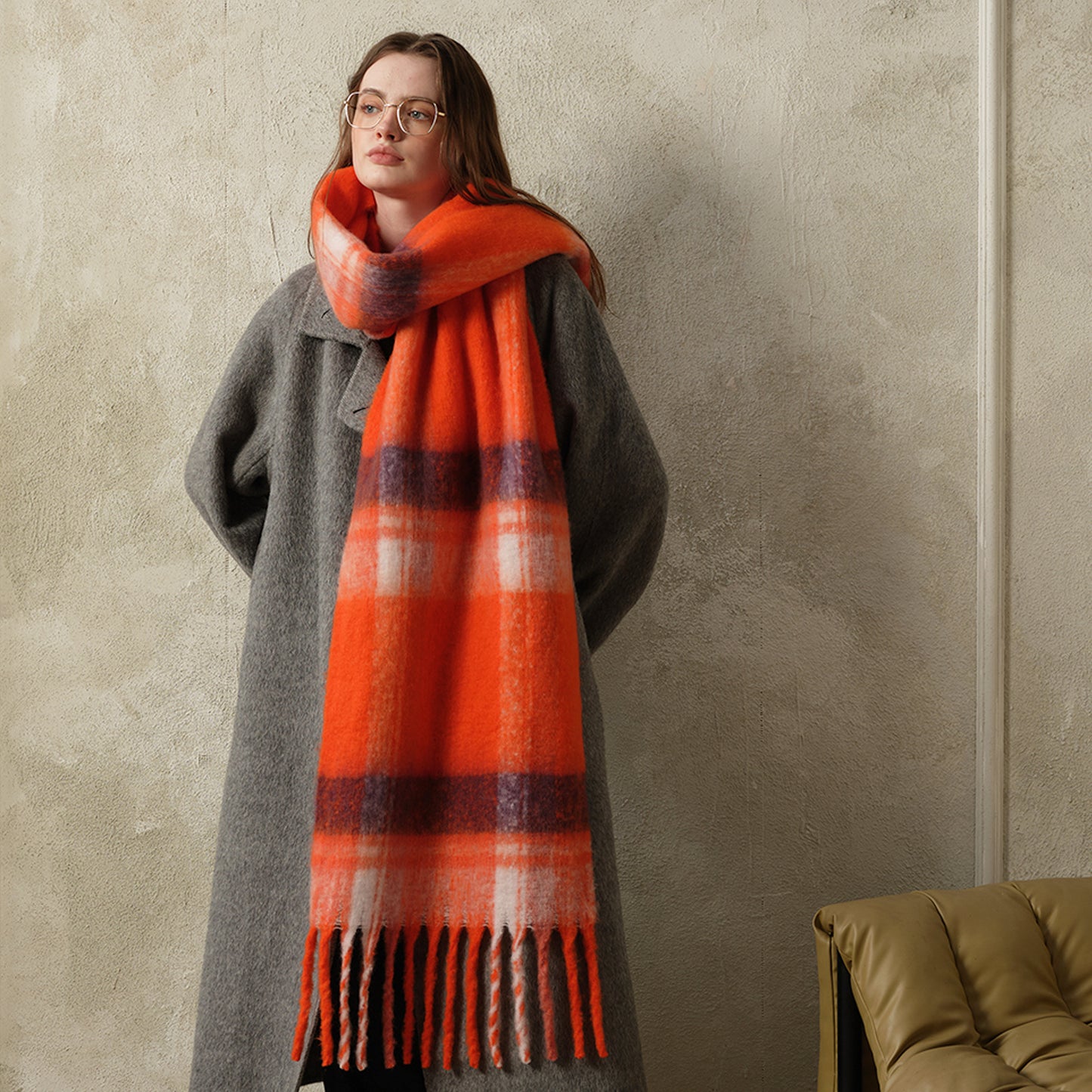 Retro Plaid Knit Scarf Cozy Warm Neck Wrap