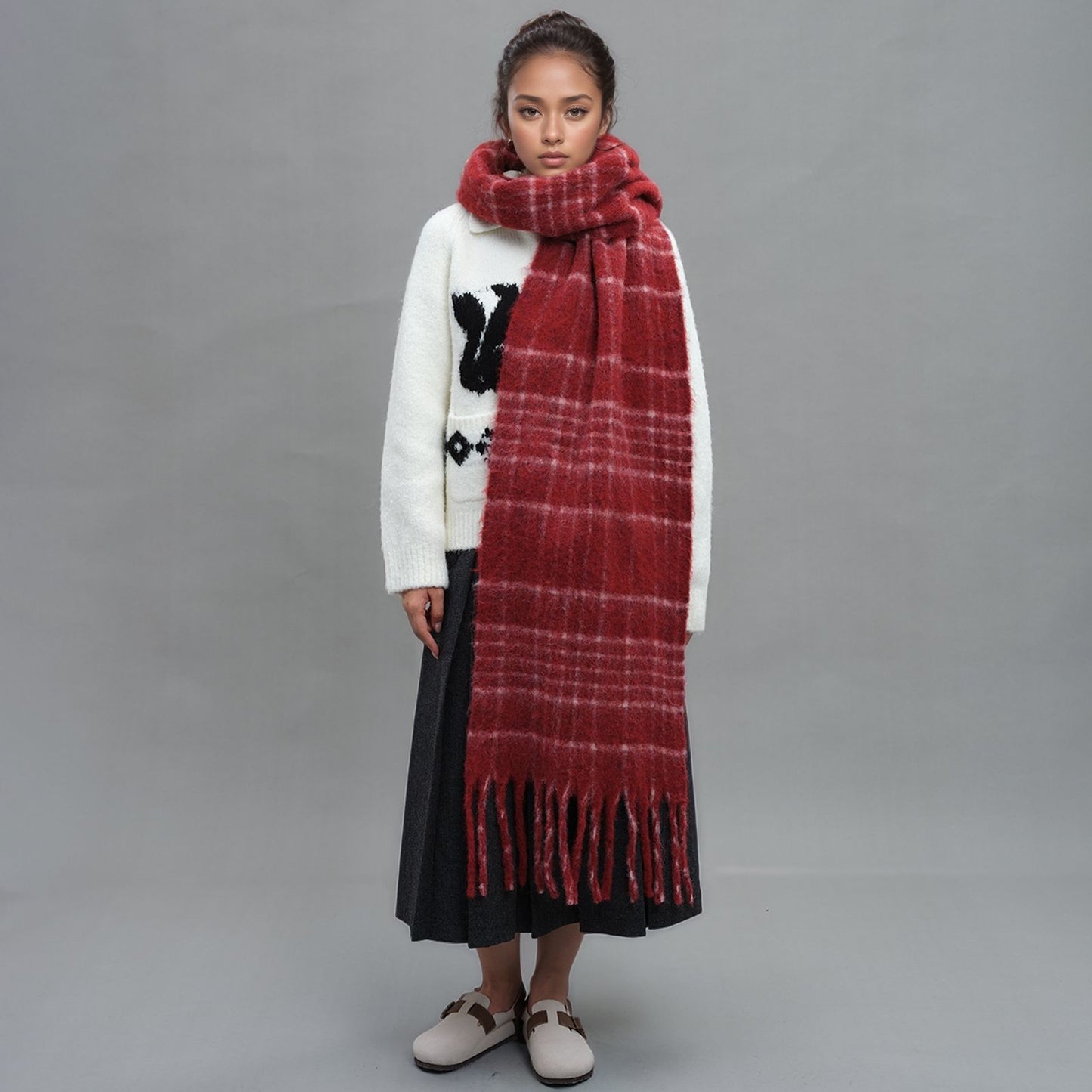 Plaid Wool Fringe Scarf Warm Winter Unisex
