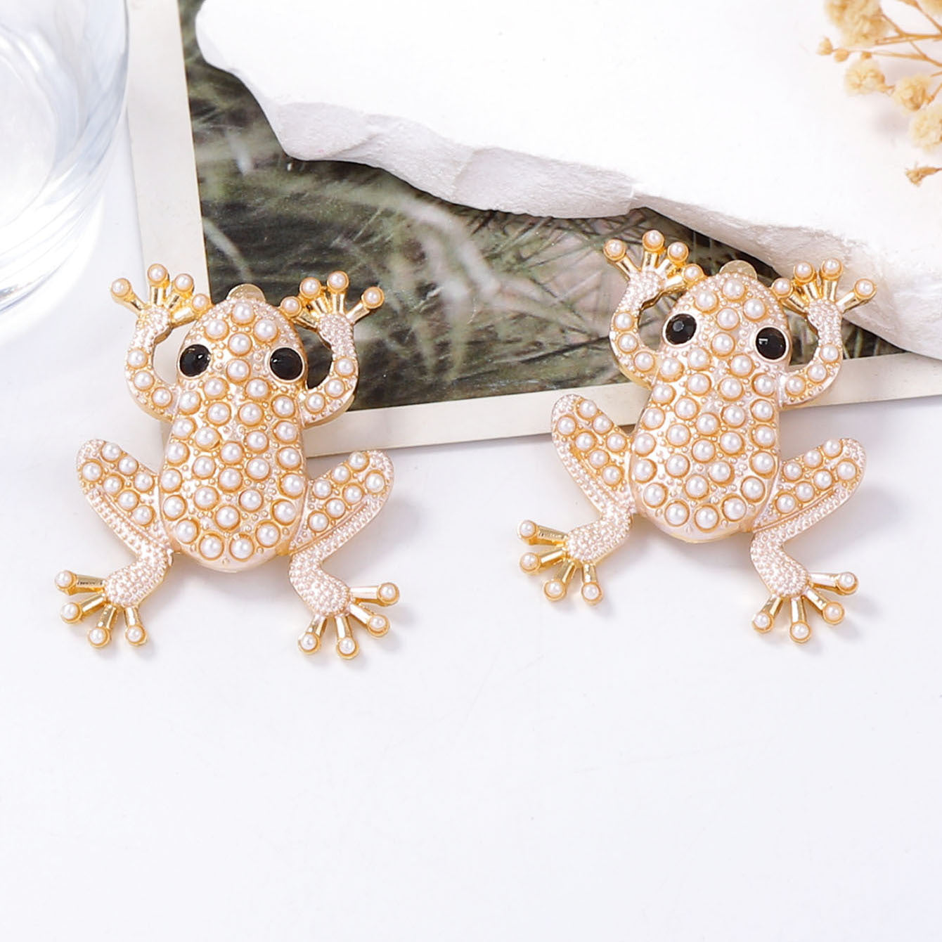 Stud Earrings Frog Pearl Zircon Stainless Posts Chic