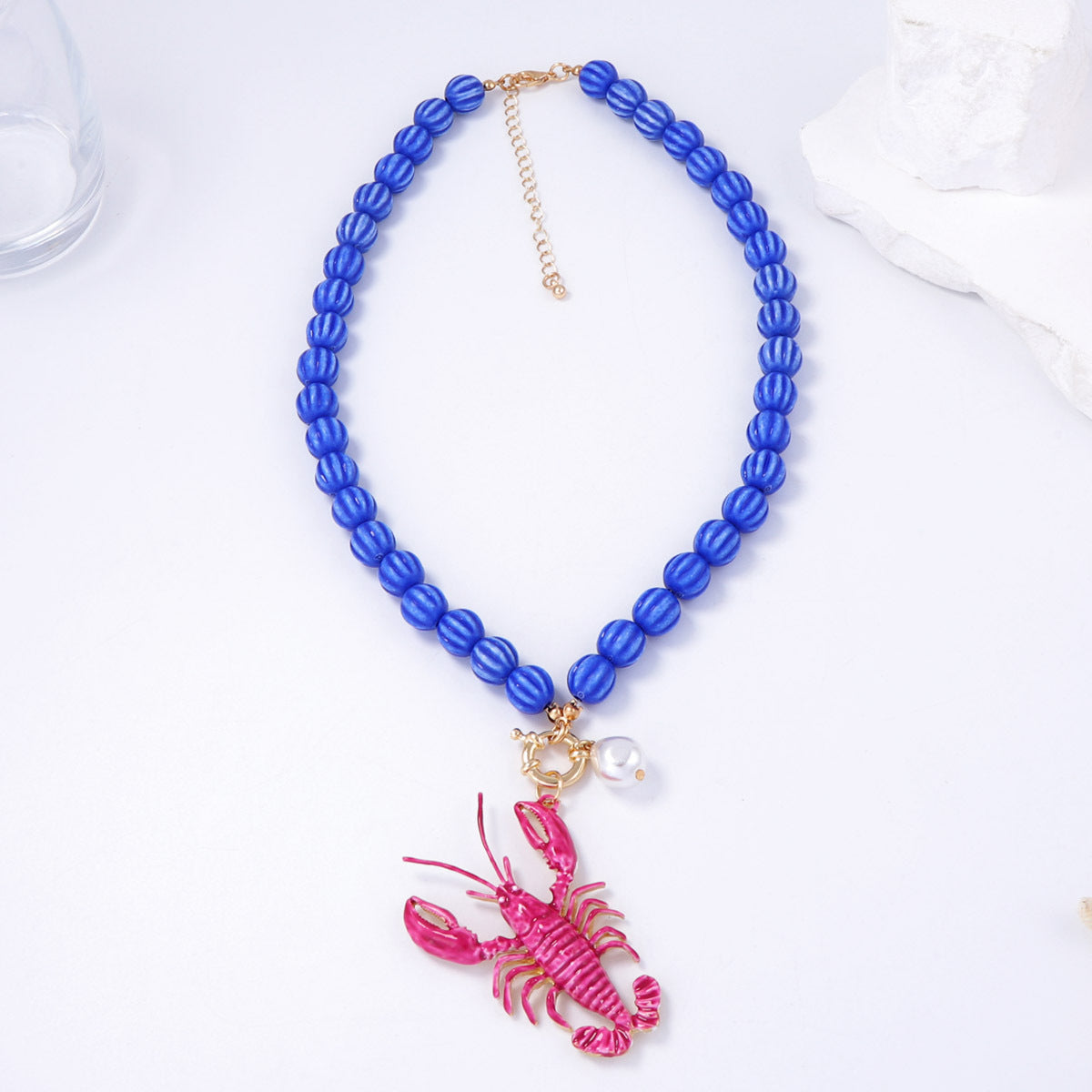 Necklace Lobster Charm Beaded Gold Tone Alloy Beach