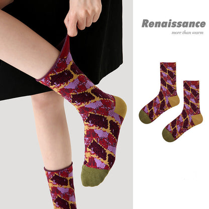 Mid Calf Embossed Stripe Socks Combed Cotton Breathable
