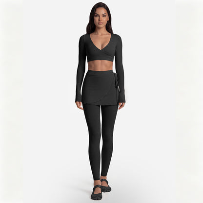 Long Sleeve Cross-Back Workout Skirt Set Women Ballet Style Yoga Outfit