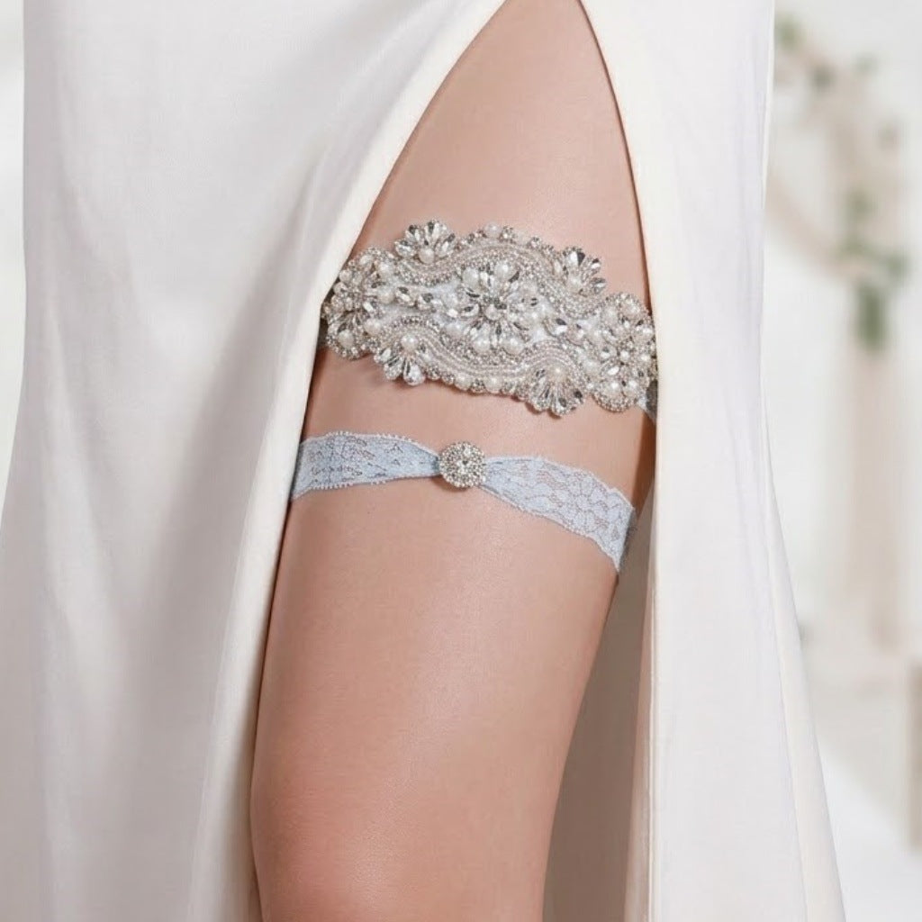 Bridal Lace Garter Belt with Rhinestones and Pearls for Elegant Weddings