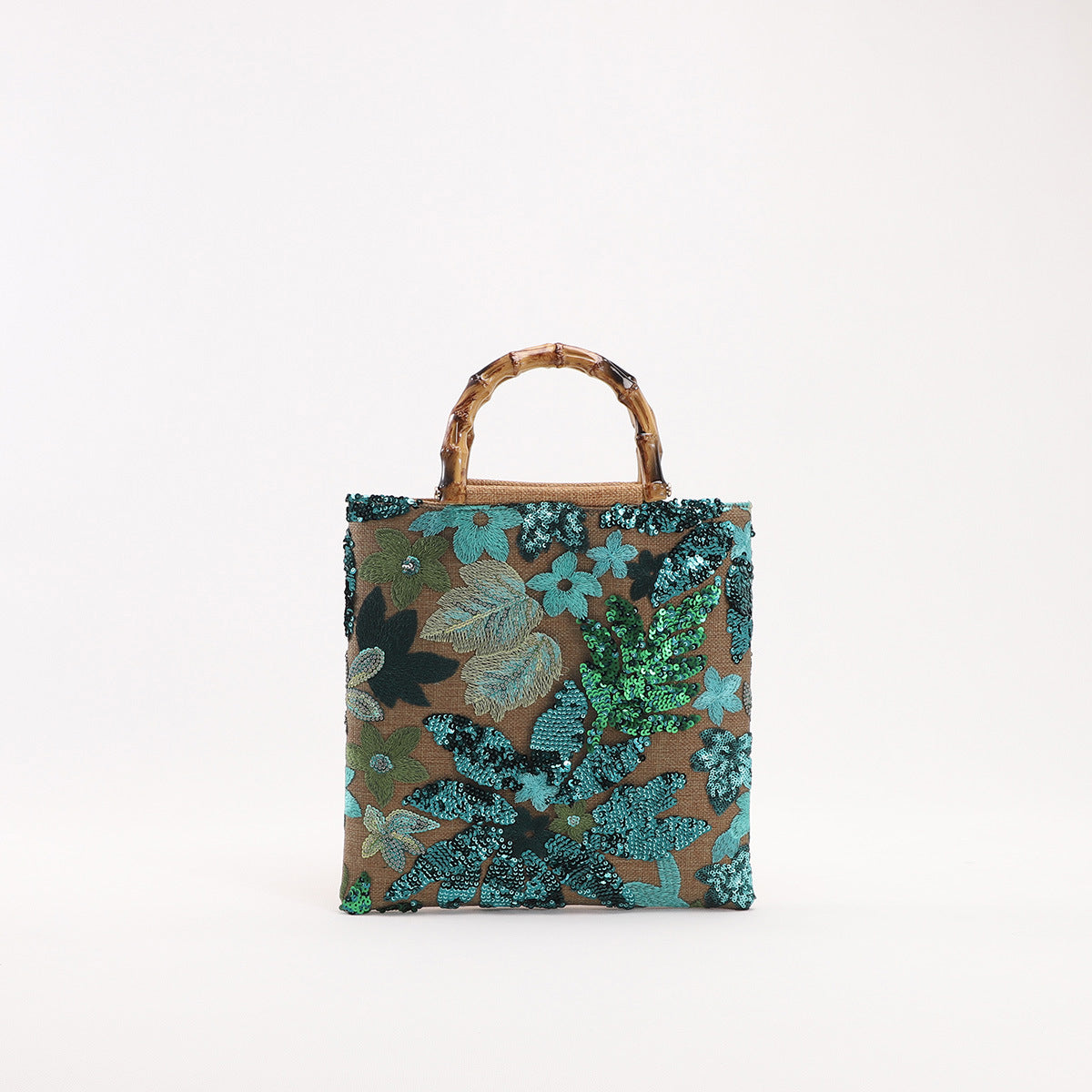New Embroidered Sequin Bamboo Handle Evening Bag