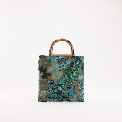 New Embroidered Sequin Bamboo Handle Evening Bag