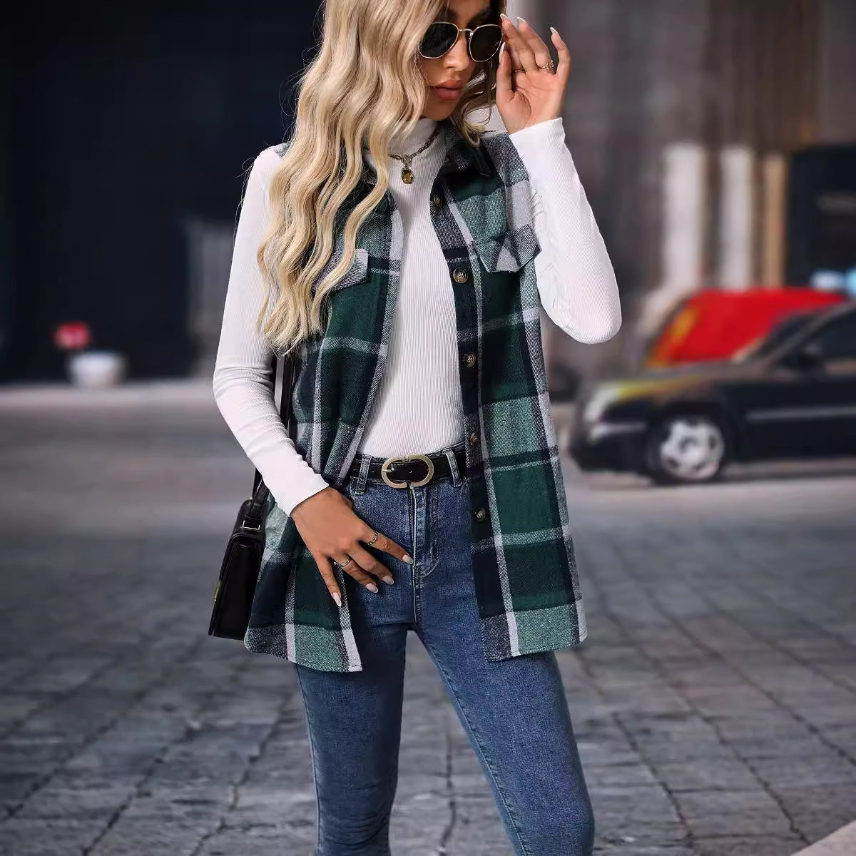 Trendy Checkered Sleeveless Vest Loose Fit Coat
