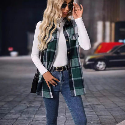 Trendy Checkered Sleeveless Vest Loose Fit Coat