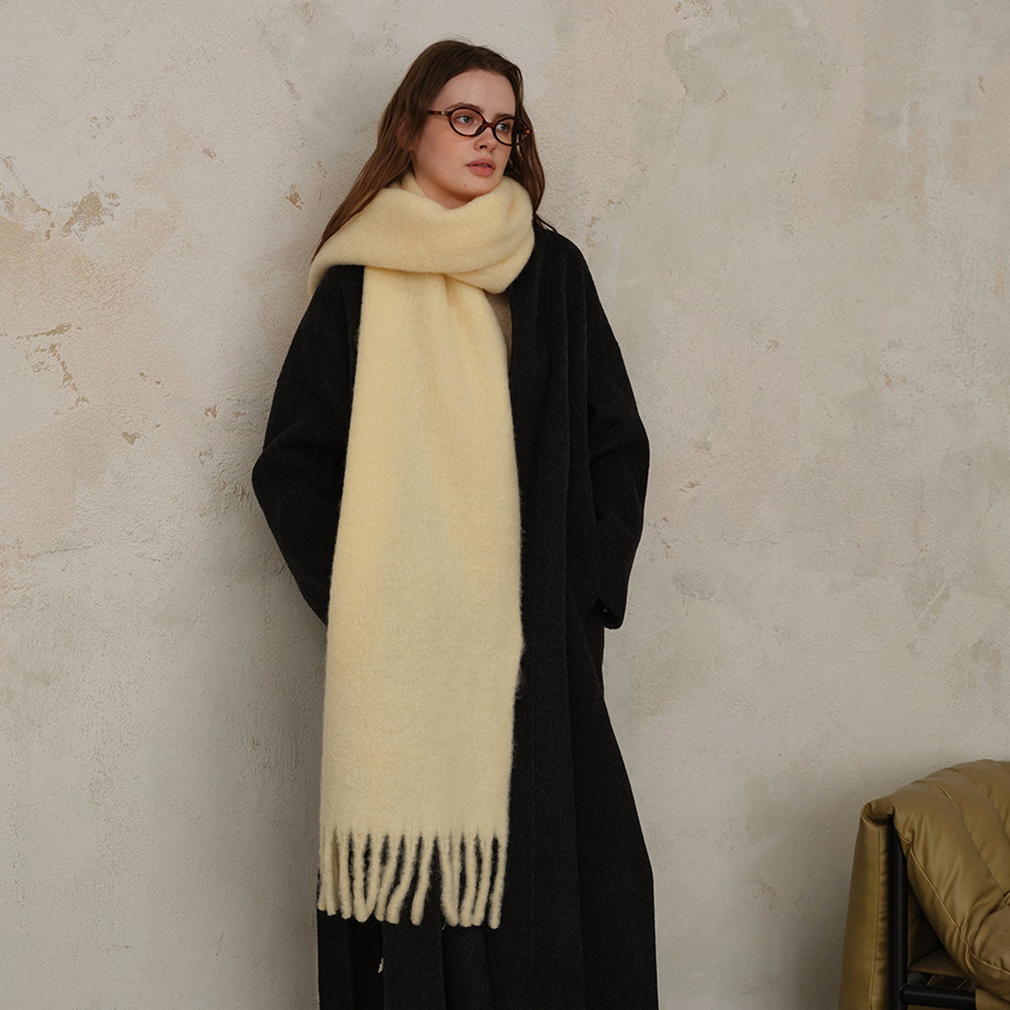 Classic Wool Blend Solid Color Fringed Scarf for Women