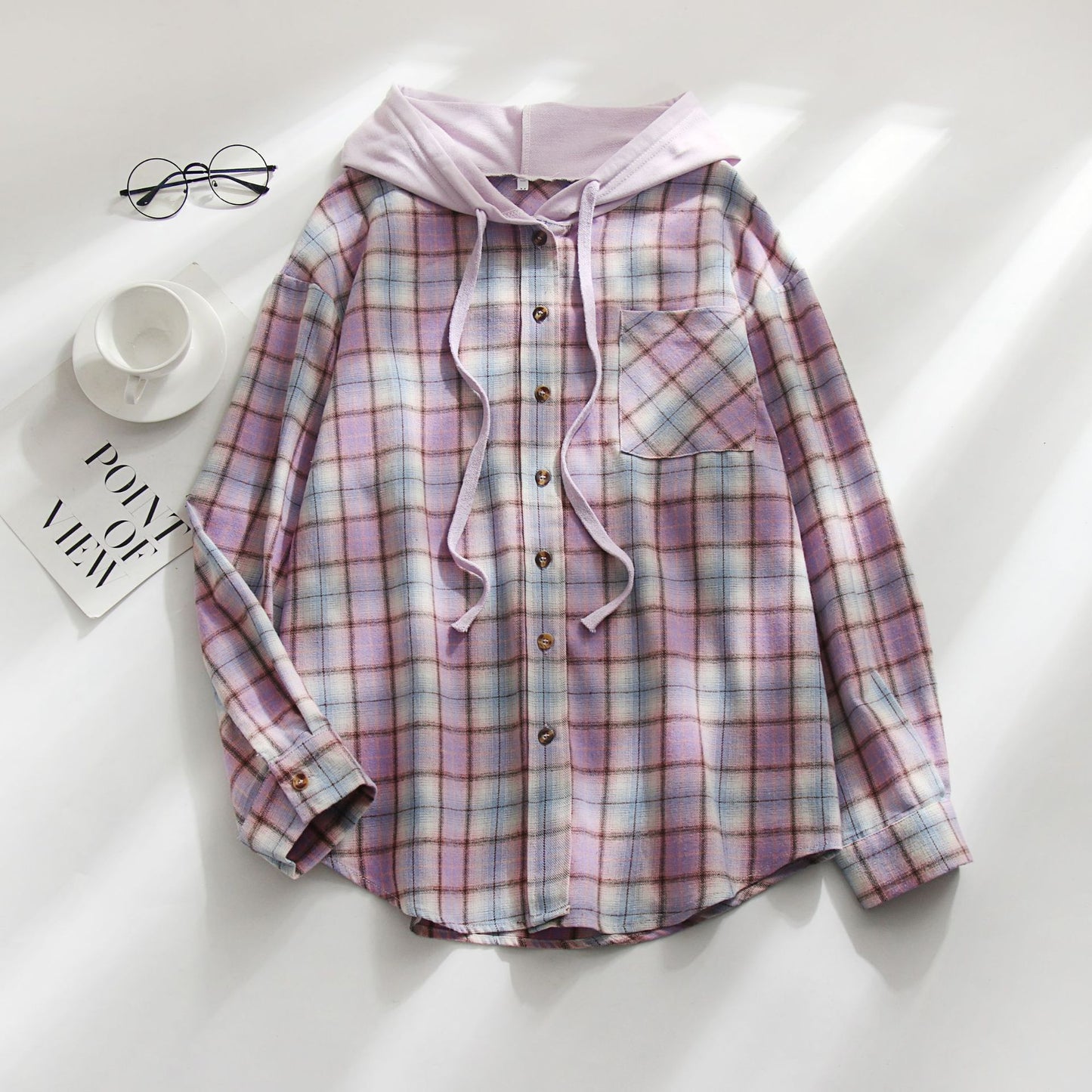 Hooded Plaid Sweatshirt Casual Outerwear