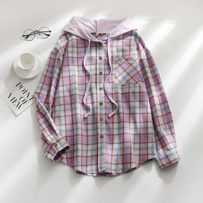 Hooded Plaid Sweatshirt Casual Outerwear