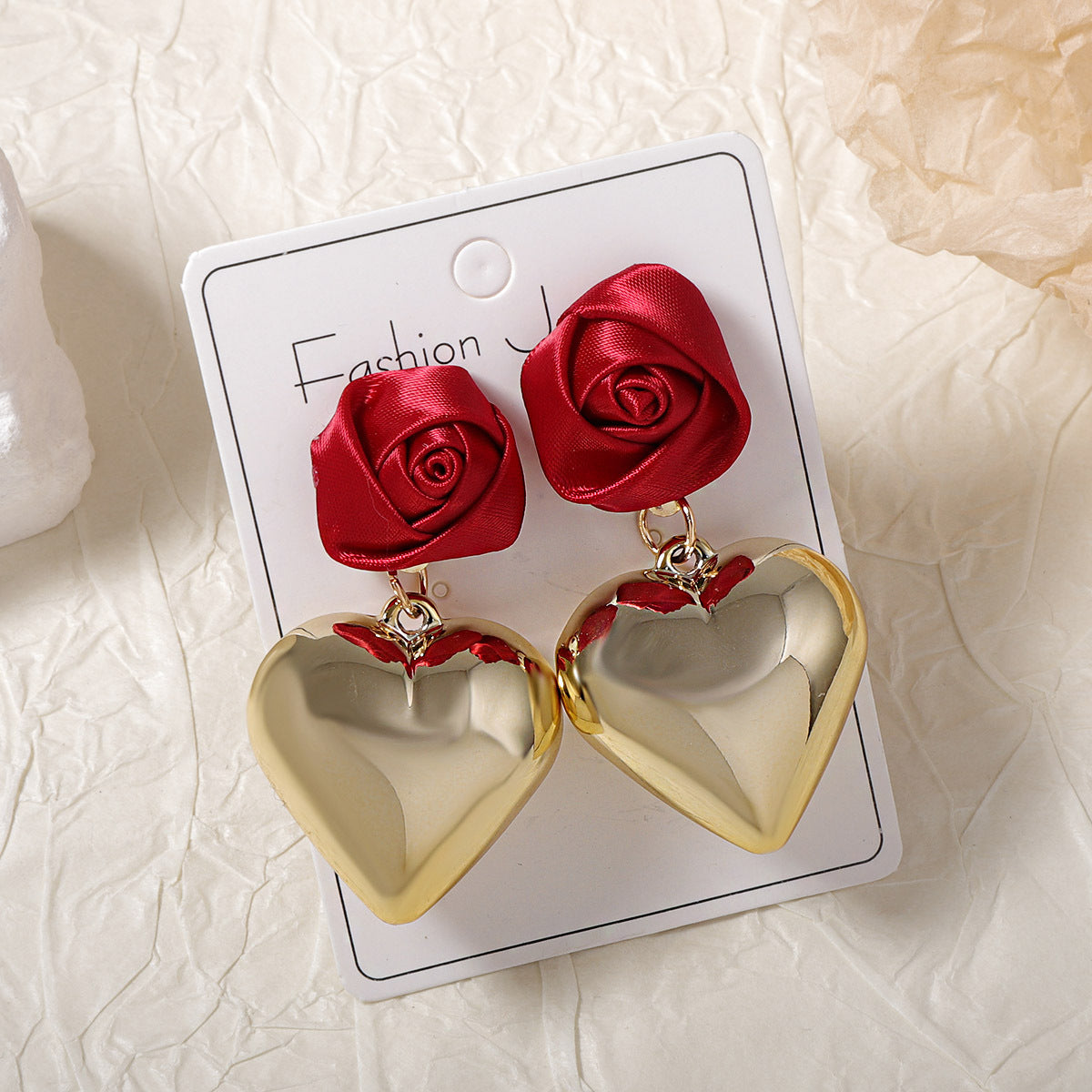 CCB Sculpted Rose Heart Drop Earrings Romantic Chic