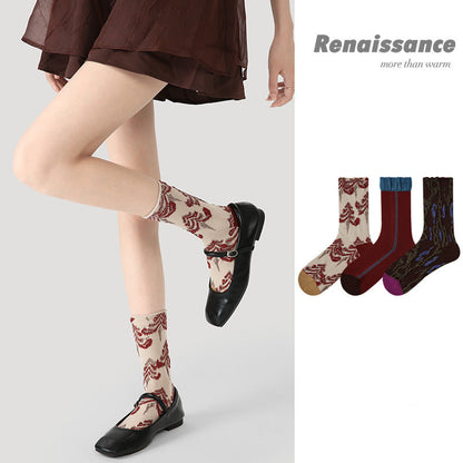 Vintage Floral Colorblock Mid Calf Combed Cotton Socks