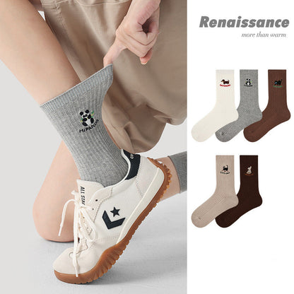 Mid Calf Panda Embroidered Combed Cotton Socks