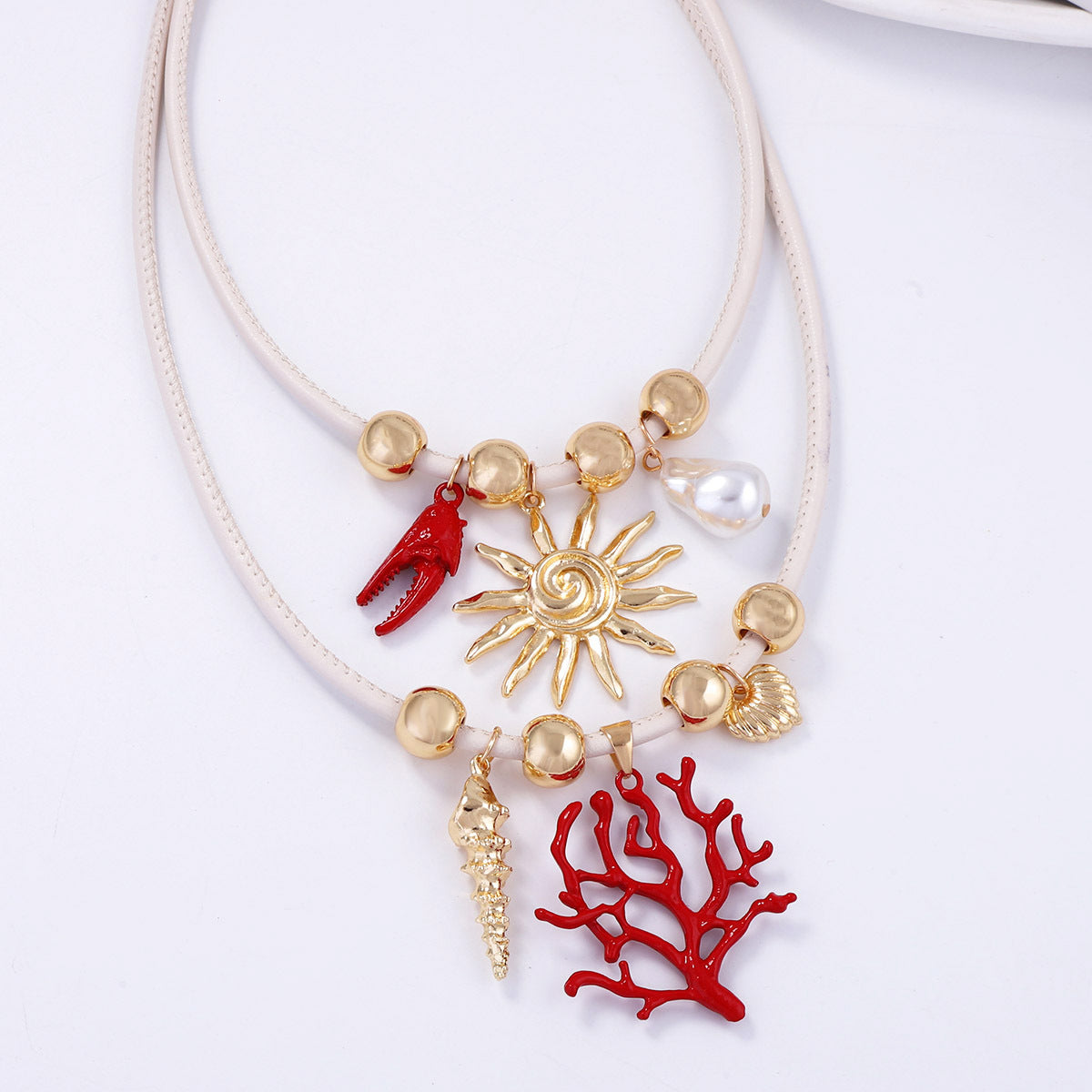 Layered Sun Coral Faux Pearl Leather Necklace