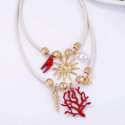 Layered Sun Coral Faux Pearl Leather Necklace