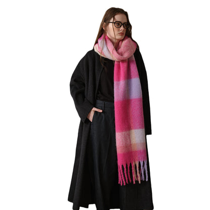 Warm Oversized Plaid Scarf with Fringes for Women