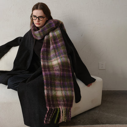 Designer Plaid Winter Scarf Cozy Woven Shawl with Fringes