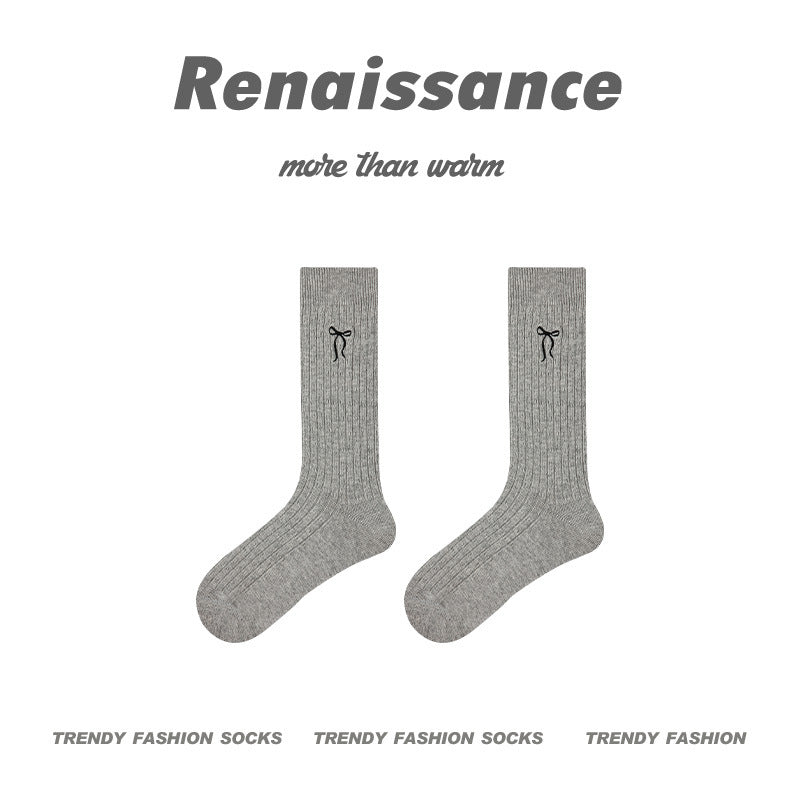 Renaissance Embroidered Bow Cotton Mid Calf Socks
