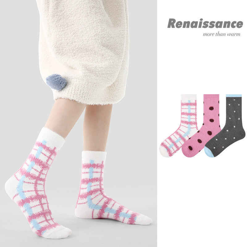 Mid Calf Polka Dot Coral Fleece Socks