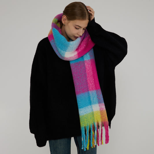 Thick Warm Plaid Oversized Scarf with Fringe