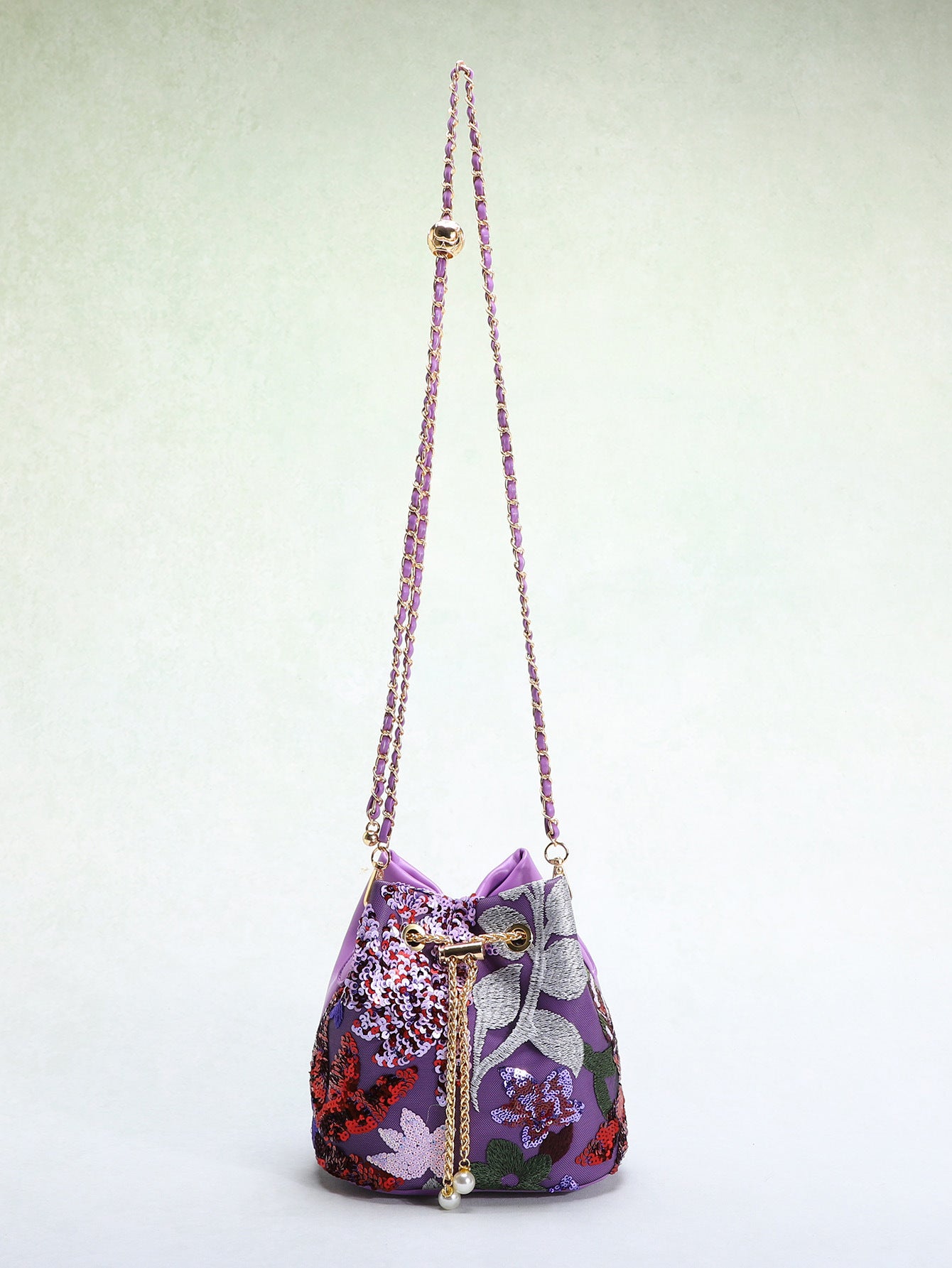 Elegant Floral Embroidery Sequin Mesh Bucket Bag