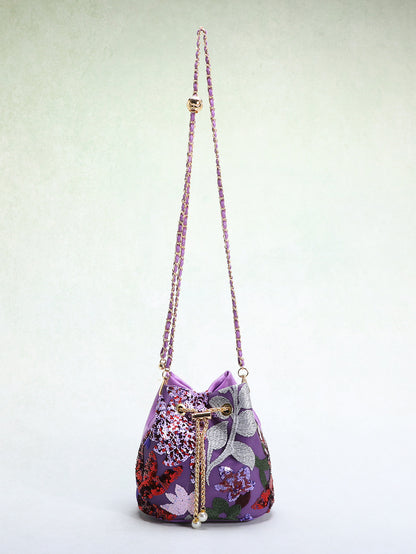 Elegant Floral Embroidery Sequin Mesh Bucket Bag