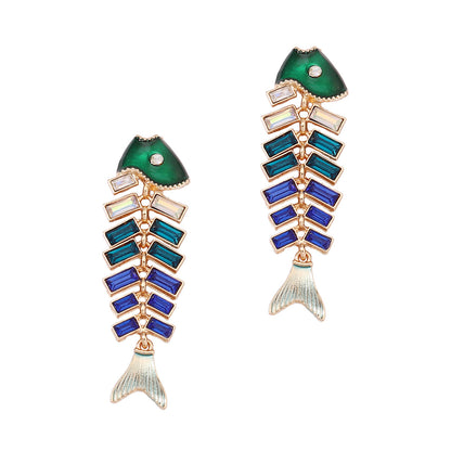 Vintage Fishbone Carp Rhinestone Drop Earrings