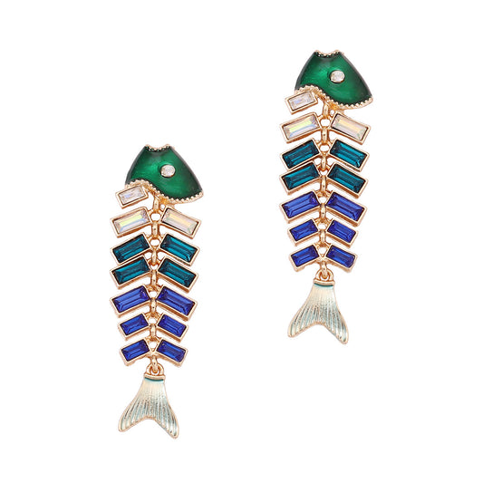 Vintage Fishbone Carp Rhinestone Drop Earrings