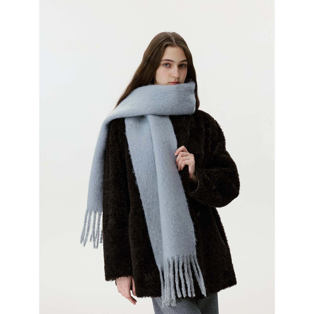 Solid Color Wool Blend Fringe Scarf for Women