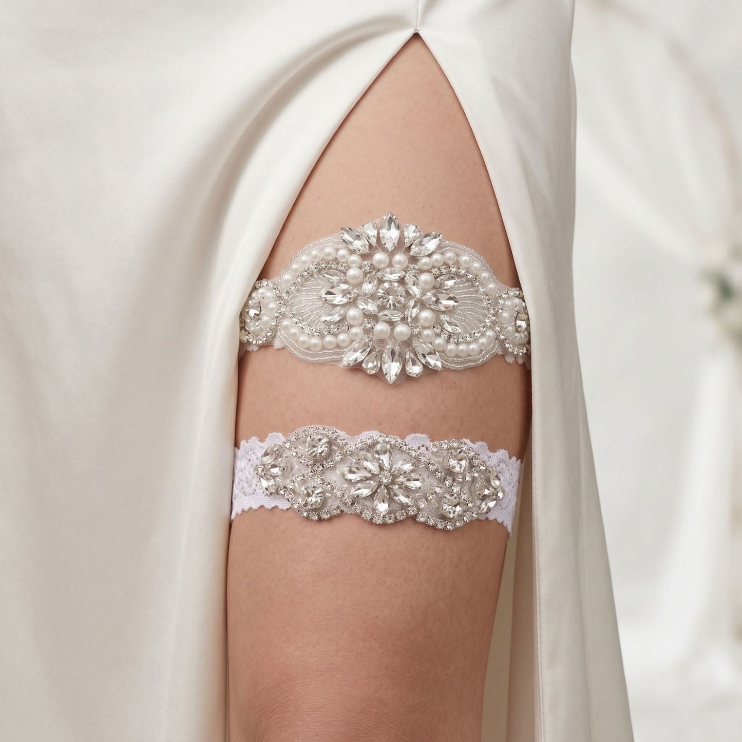 Bridal Lace Garter Belt with Rhinestones and Pearls for Elegant Weddings