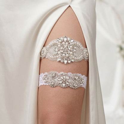 Bridal Lace Garter Belt with Rhinestones and Pearls for Elegant Weddings