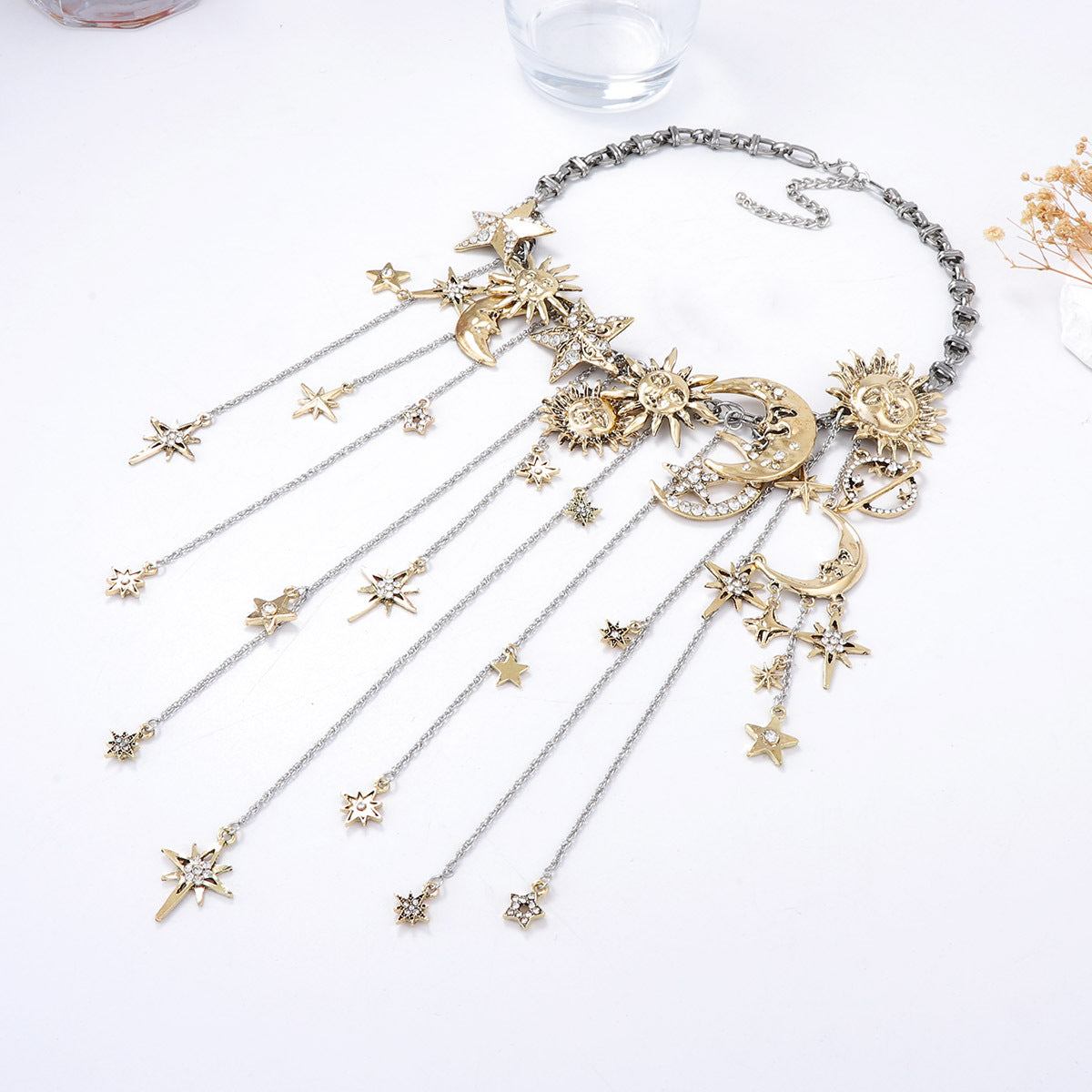 Necklace Sun Moon Star Zircon Tassel Statement