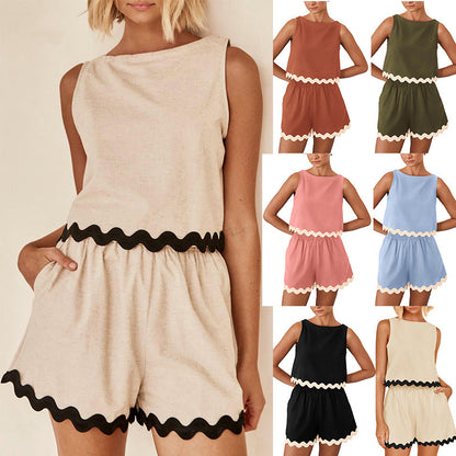 Summer Two-Piece Lace-Trimmed Tank Top and Shorts Set