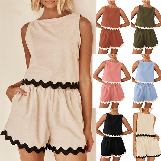 Summer Two-Piece Lace-Trimmed Tank Top and Shorts Set